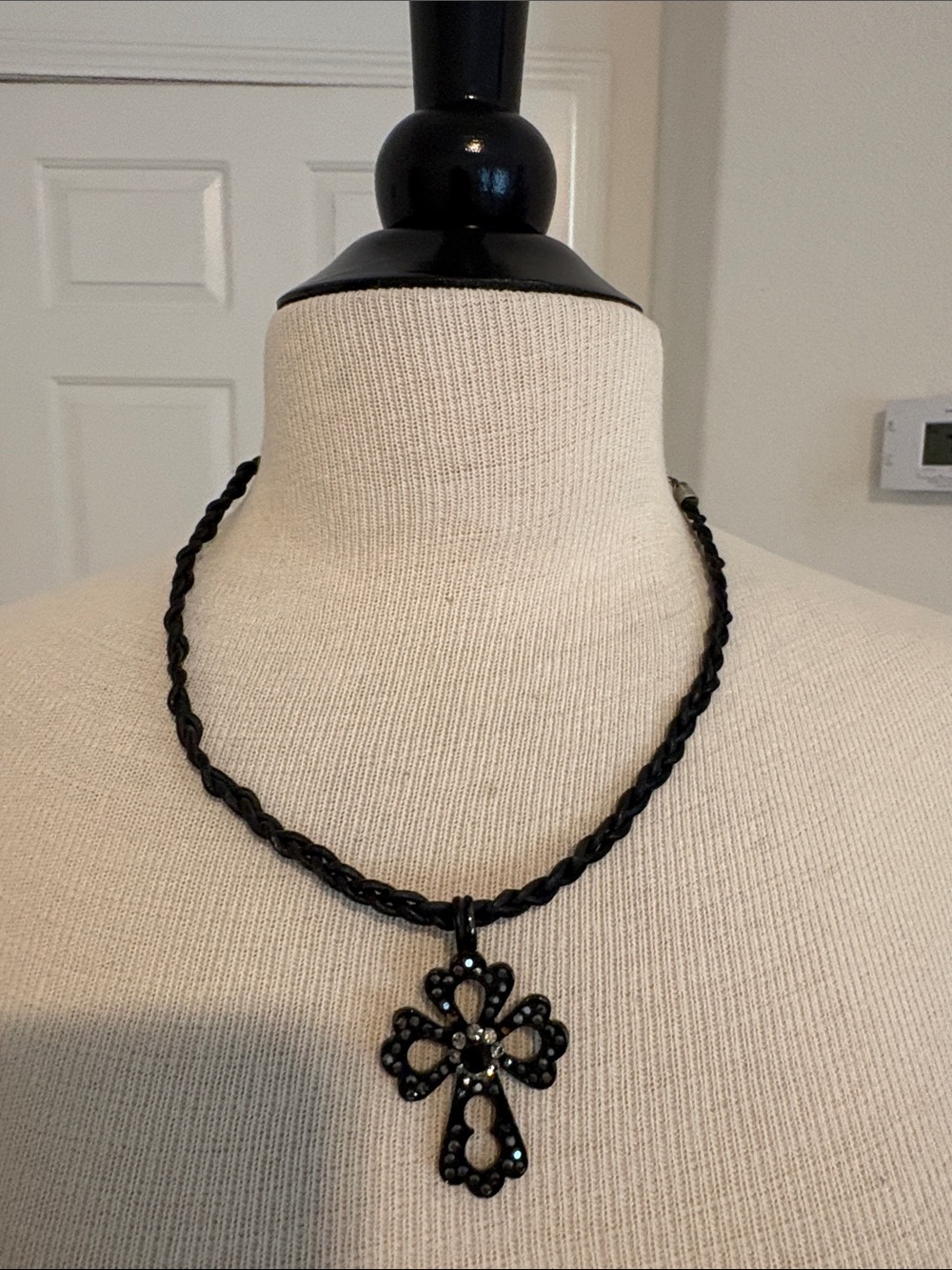 Black Braided Cord Necklace with Black Crystal Cross Pendant